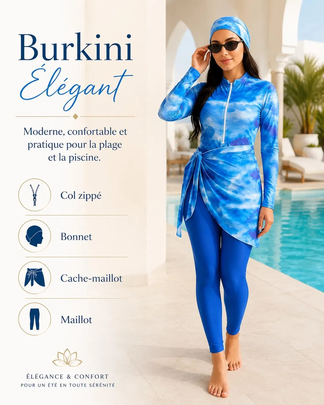 Burkini élégant bleu ciel avec bonnet et cache maillot