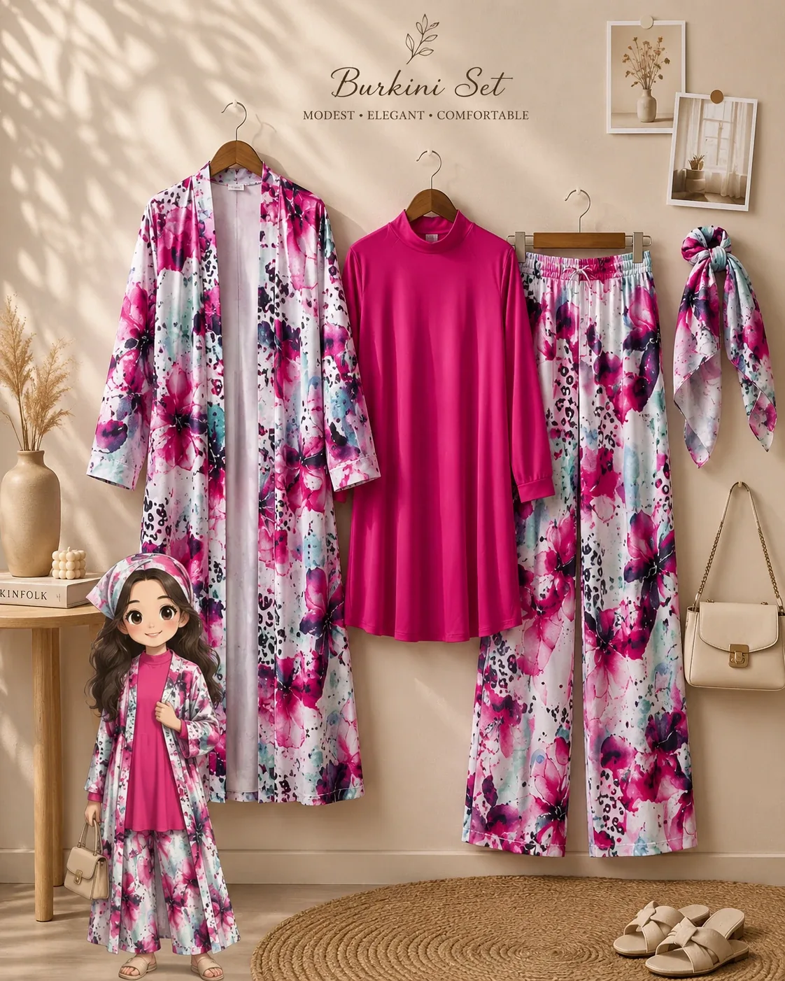 Ensemble burkini 4 pièces avec kimono fleuri rose