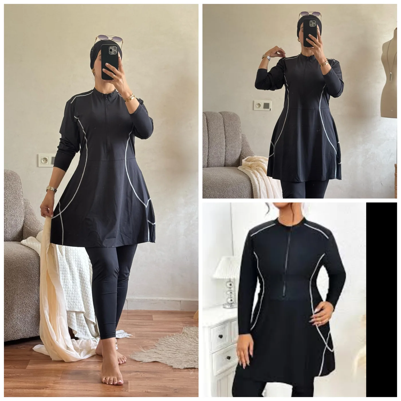 Burkini noir liseré blanc