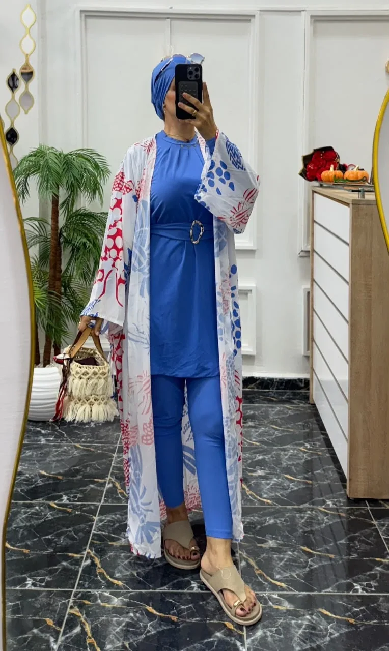 Burkini strap 5 pièces avec kimono bleu