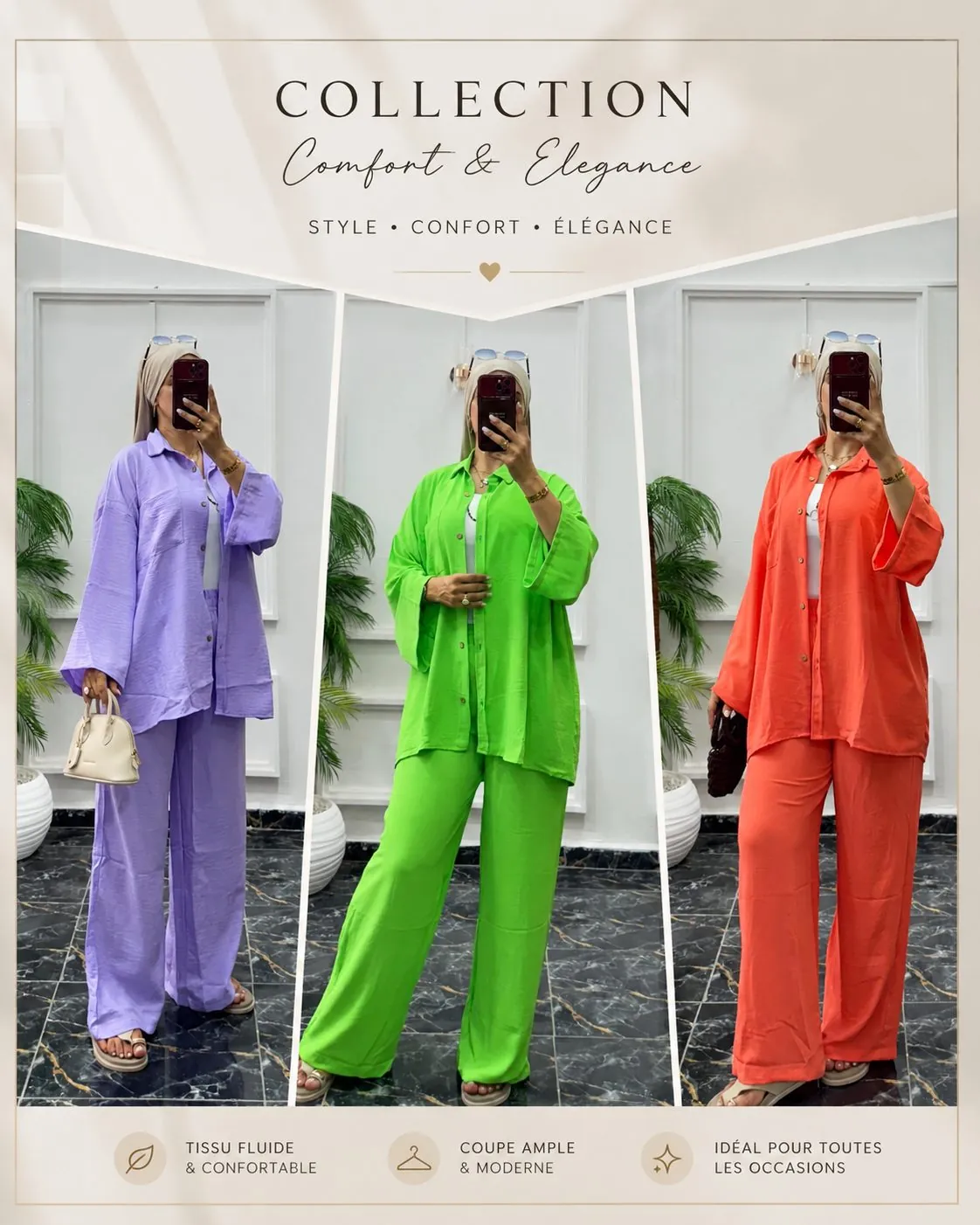 Collection Comfort Elegance ensembles chemise et pantalon fluide