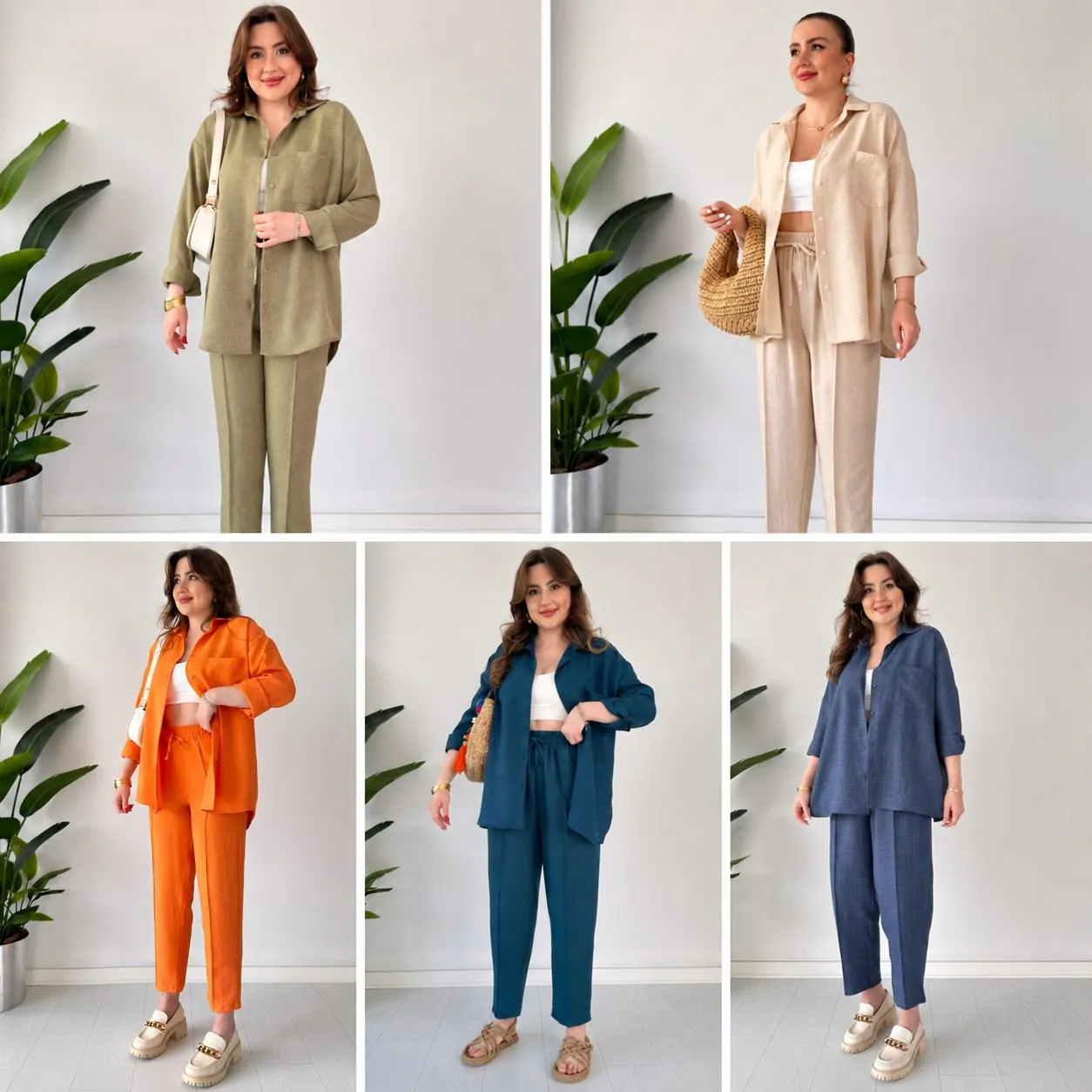 Ensemble chemise et pantalon en lin, cinq coloris