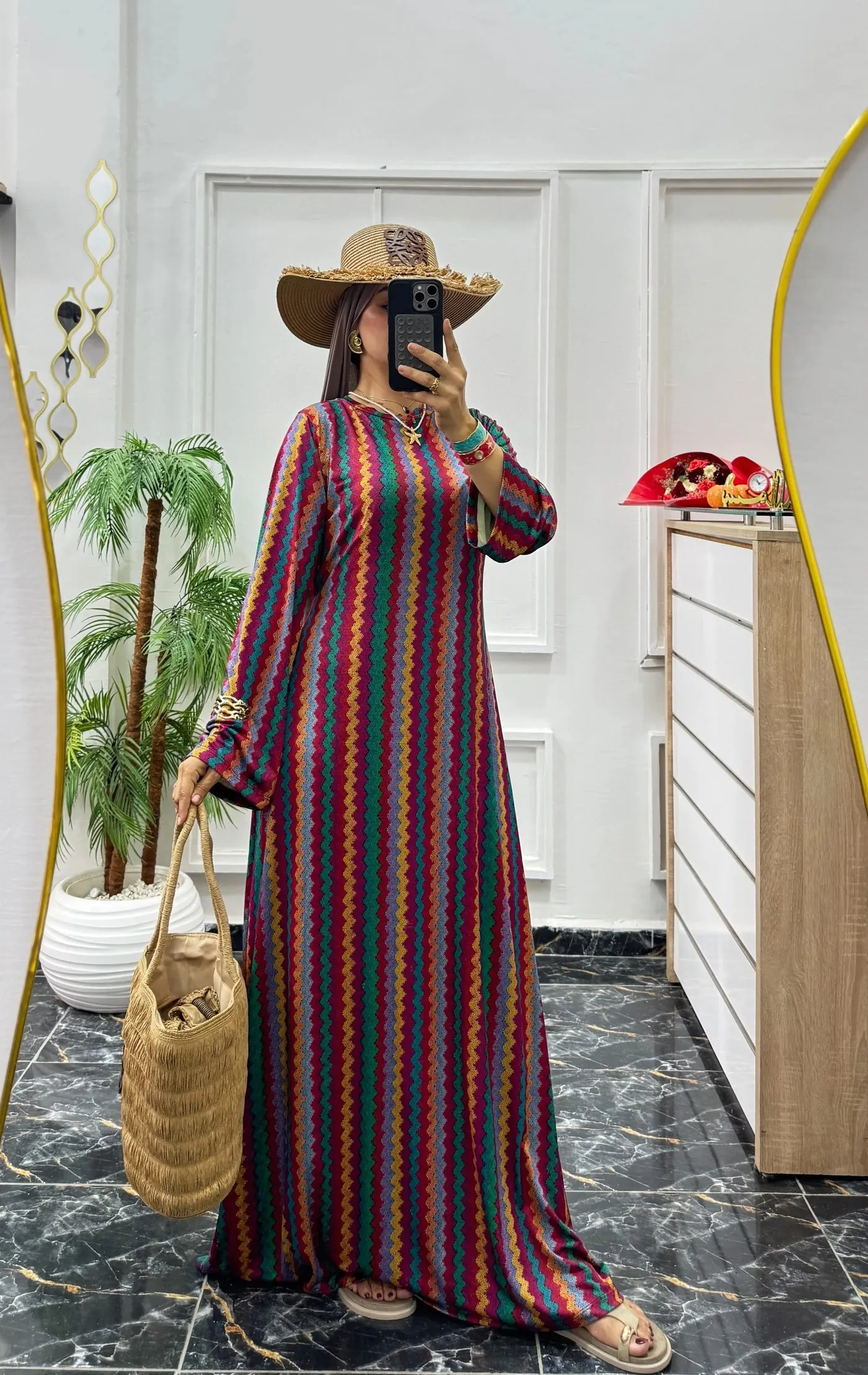 Kaftan long rayé multicolore