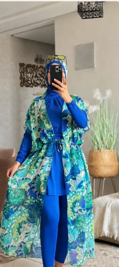 Kimono long fleuri bleu et vert