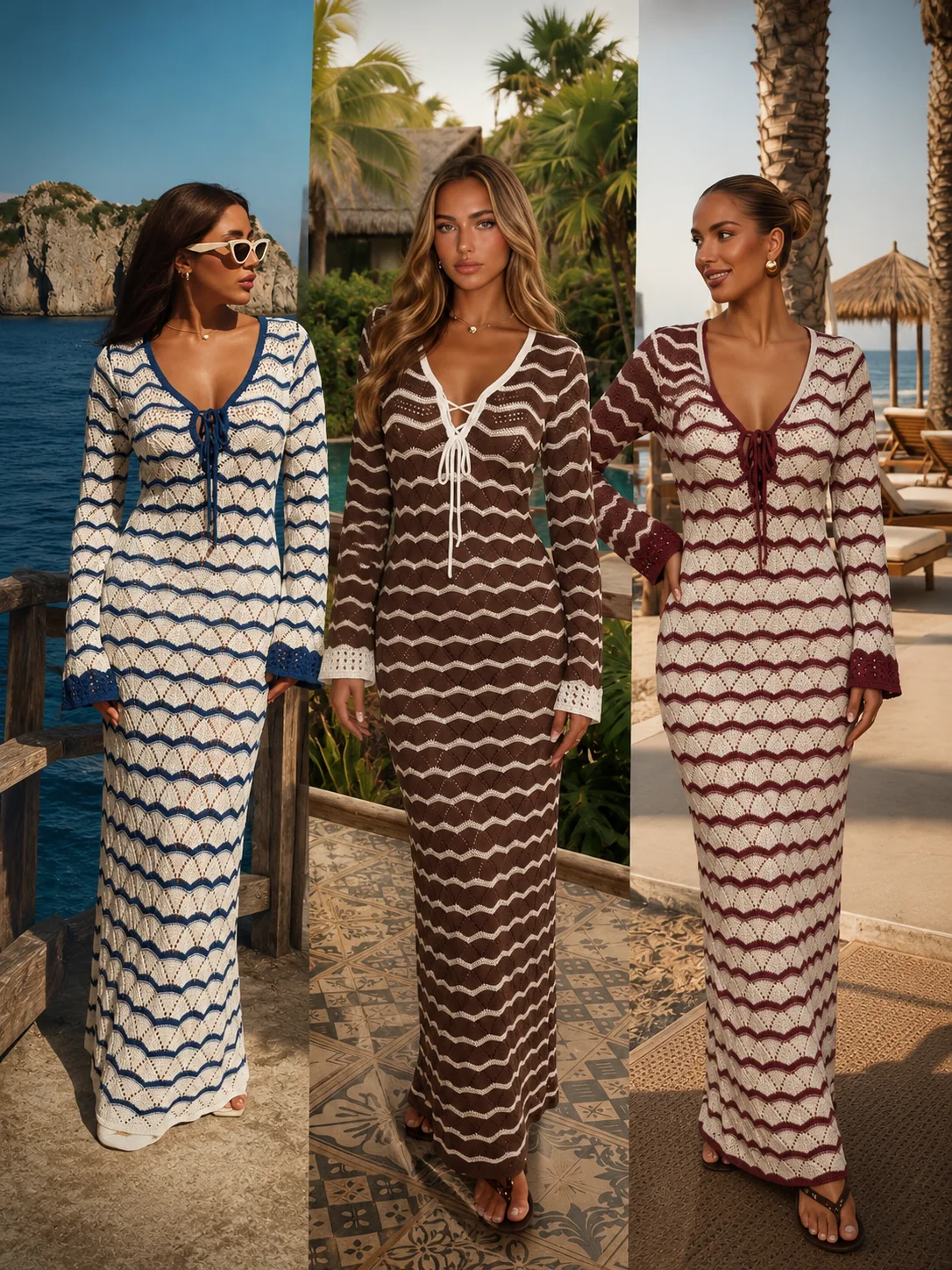 Robe longue en maille crochet à motif chevron